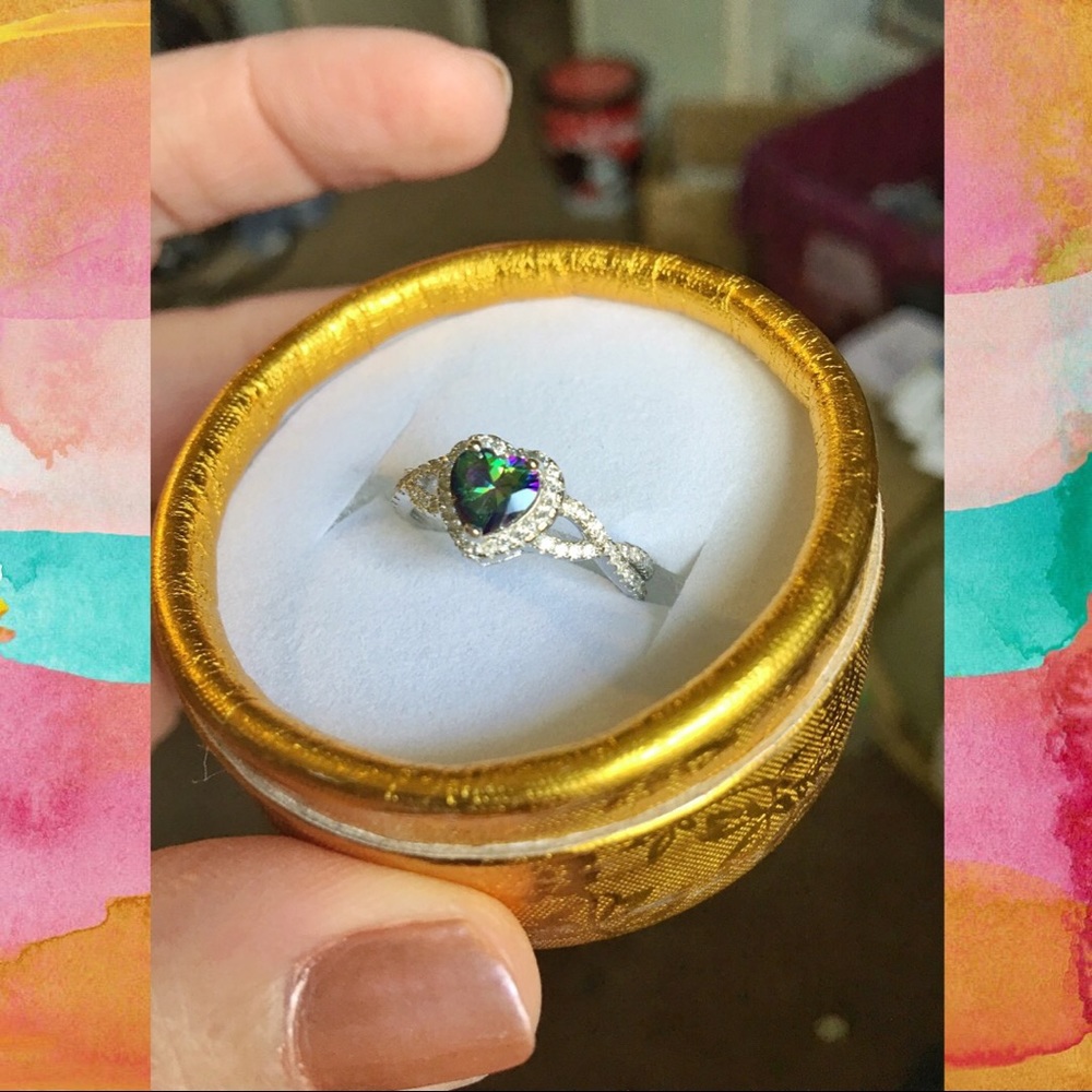 Sterling silver rainbow topaz and cz ring size 7